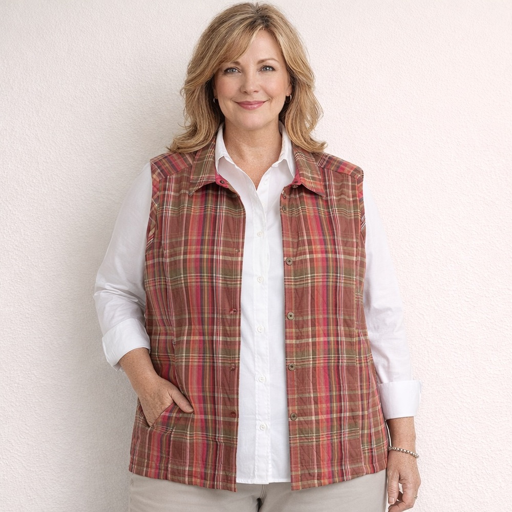 Christopher & Banks Plaid Quilted Vest 3X Red Pink Snap Front Lightweight EUC
